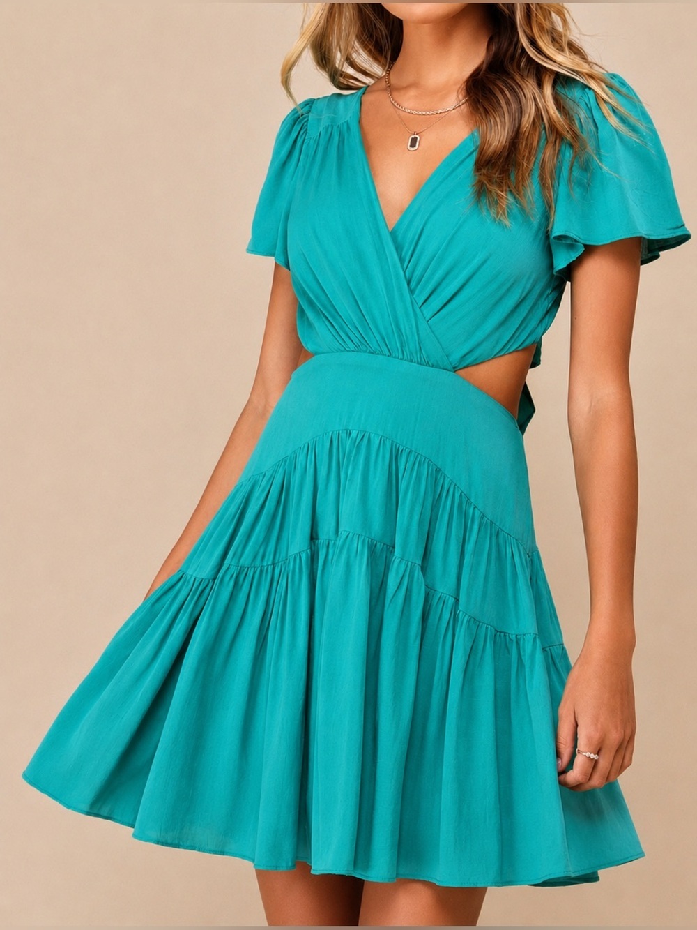 Lulus NWT Feeling the Sunshine teal tie back mini dress, large